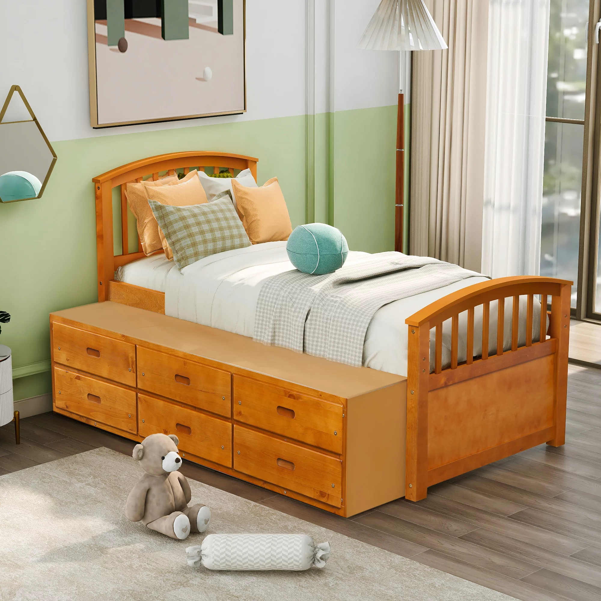 KAMIDA Twin Size Storage Bed Frame, Solid Wood Platform Bed Frame with 6 Storage Drawers, Captains Bed Bedroom Furniture, Oak