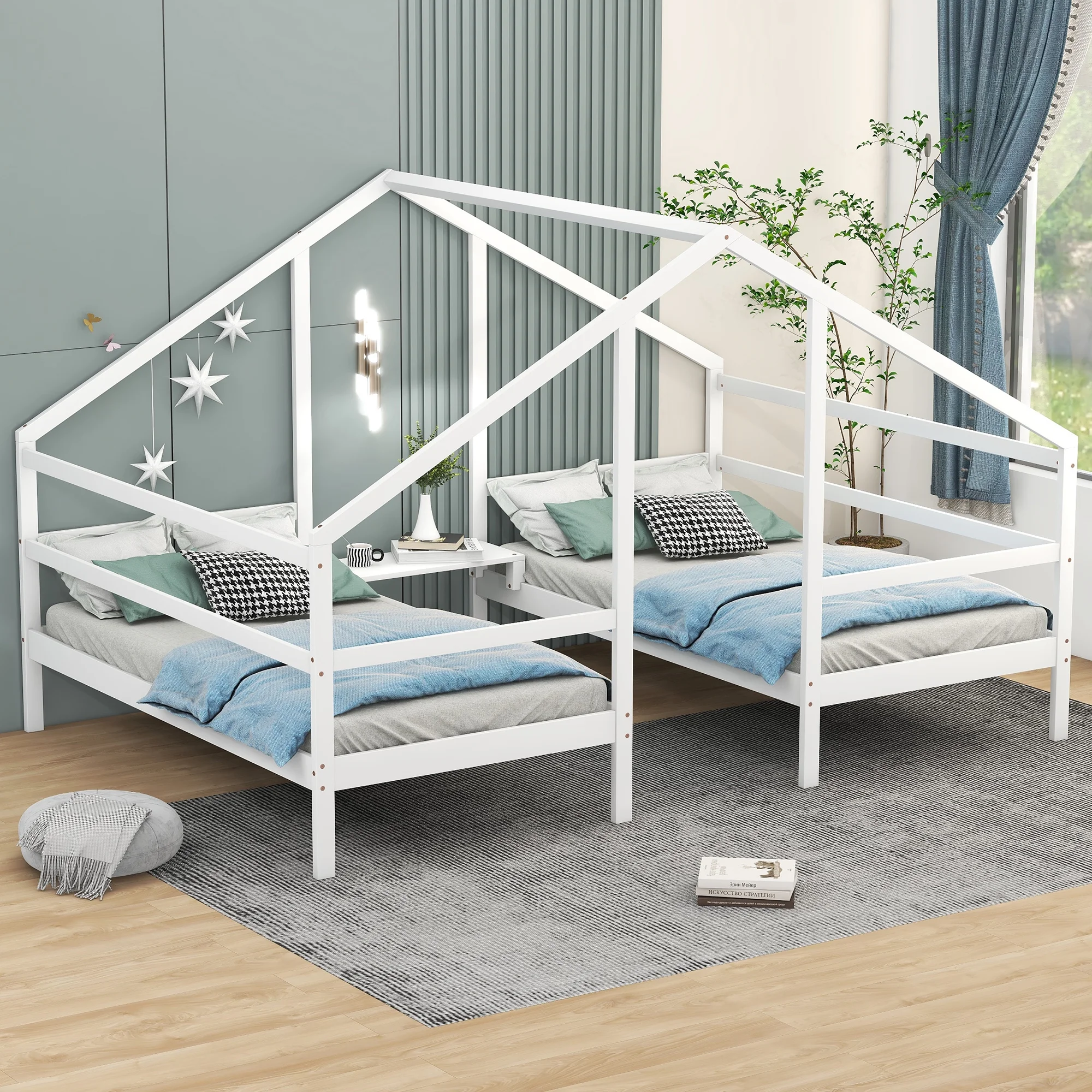 Euroco Wood Twin House Two Beds in One with Movable Desk for Kids Bedroom, White
