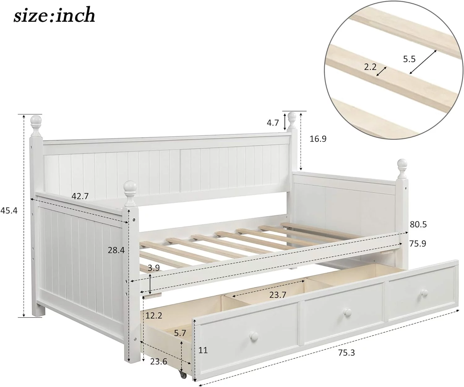 Lzdybed Daybed With 3 Drawers, Wooden Sofa Bed For Bedroom Living Room, No Box Spring Needed,White