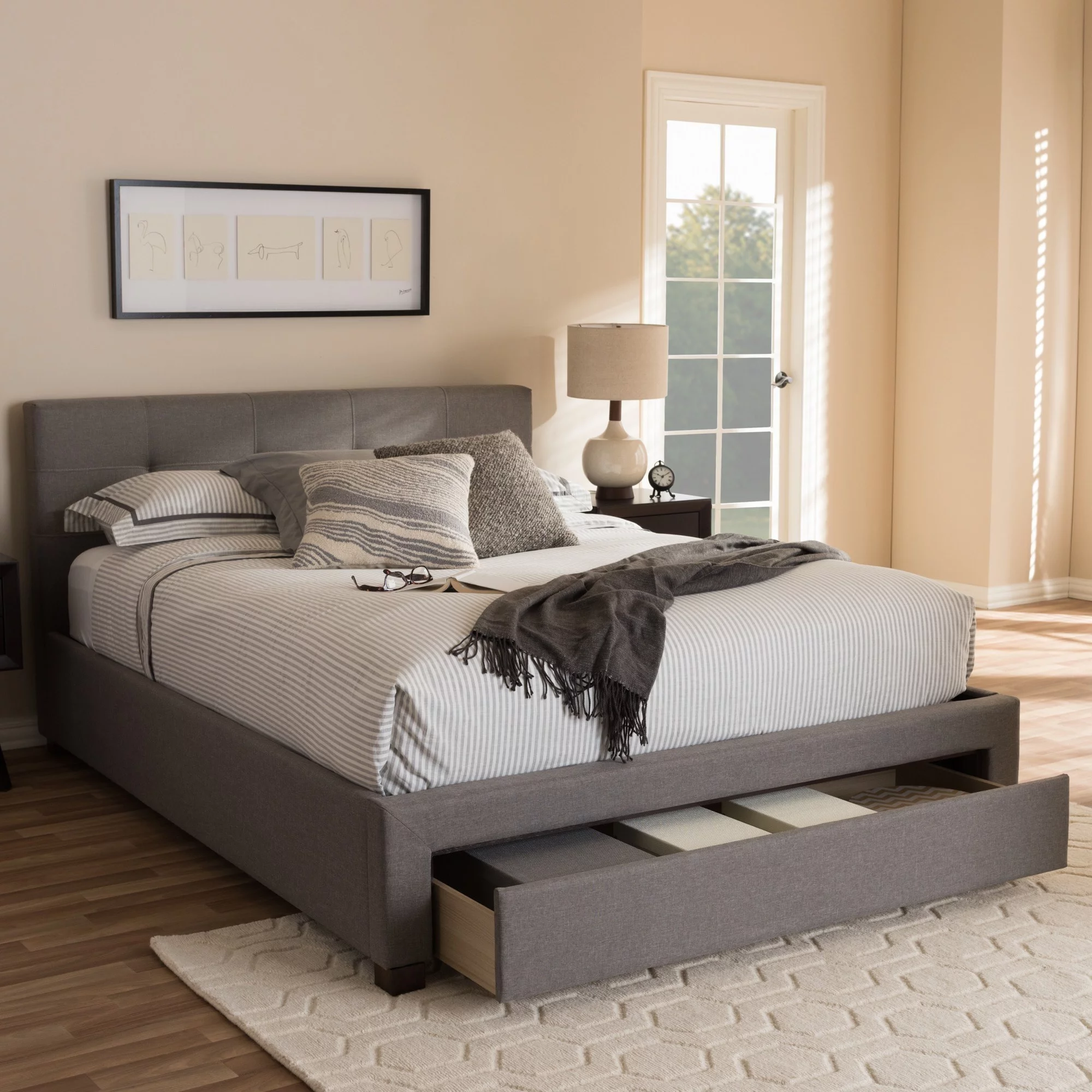 Baxton Studio Contemporary Tufted Upholstered Storage Platform Bed by Grey Queen