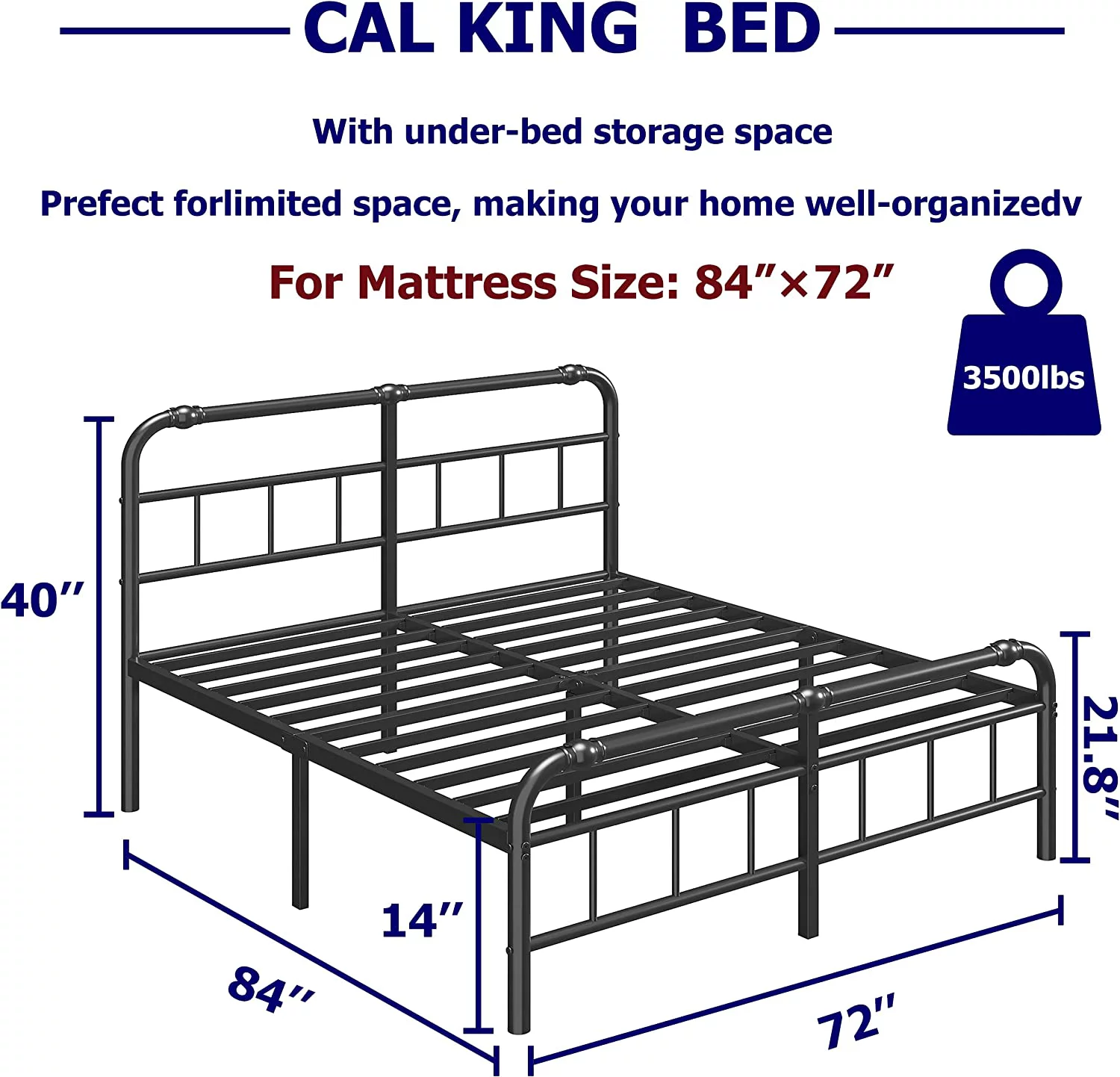King Size Bed Frame, 18 Inch High Heavy Duty Metal Platform Bedframe, No Box Spring Needed with Underbed Storage Mattress Foundation, Noise-Free