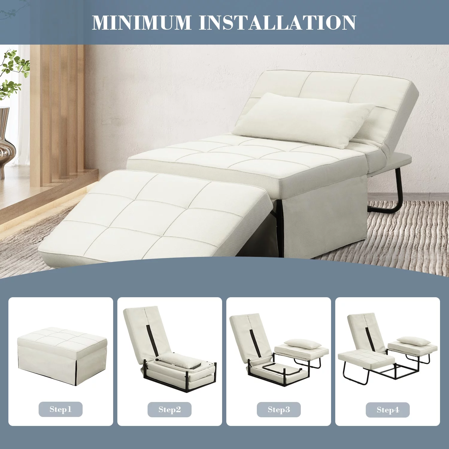 Ainfox Folding Sofa Bed, 4 in 1 Daybeds Ottoman Chair Lounge Couch for Guest Sleeper, Suitable for Modern Living Room, Bedroom, Twin Size(Beige)