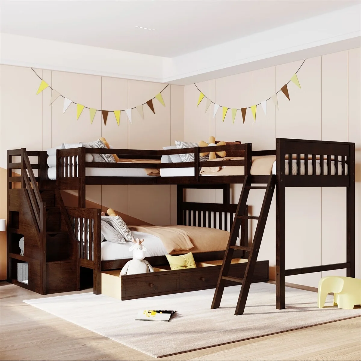 MERAX  Twin over Full L-Shaped Bunk Bed With 3 Drawers, Ladder and Staircase White