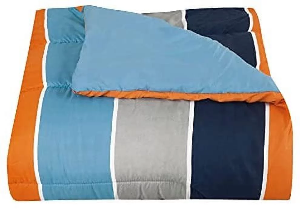 Sapphire Home 7 Piece Queen Size Comforter Set Bed in Bag with Shams, Sheet Set, Blue Orange Gray Stripes Print Multicolor Boys Kids Girls Teens Bedding w/Sheets, 7pc, Queen, Navy/Orange