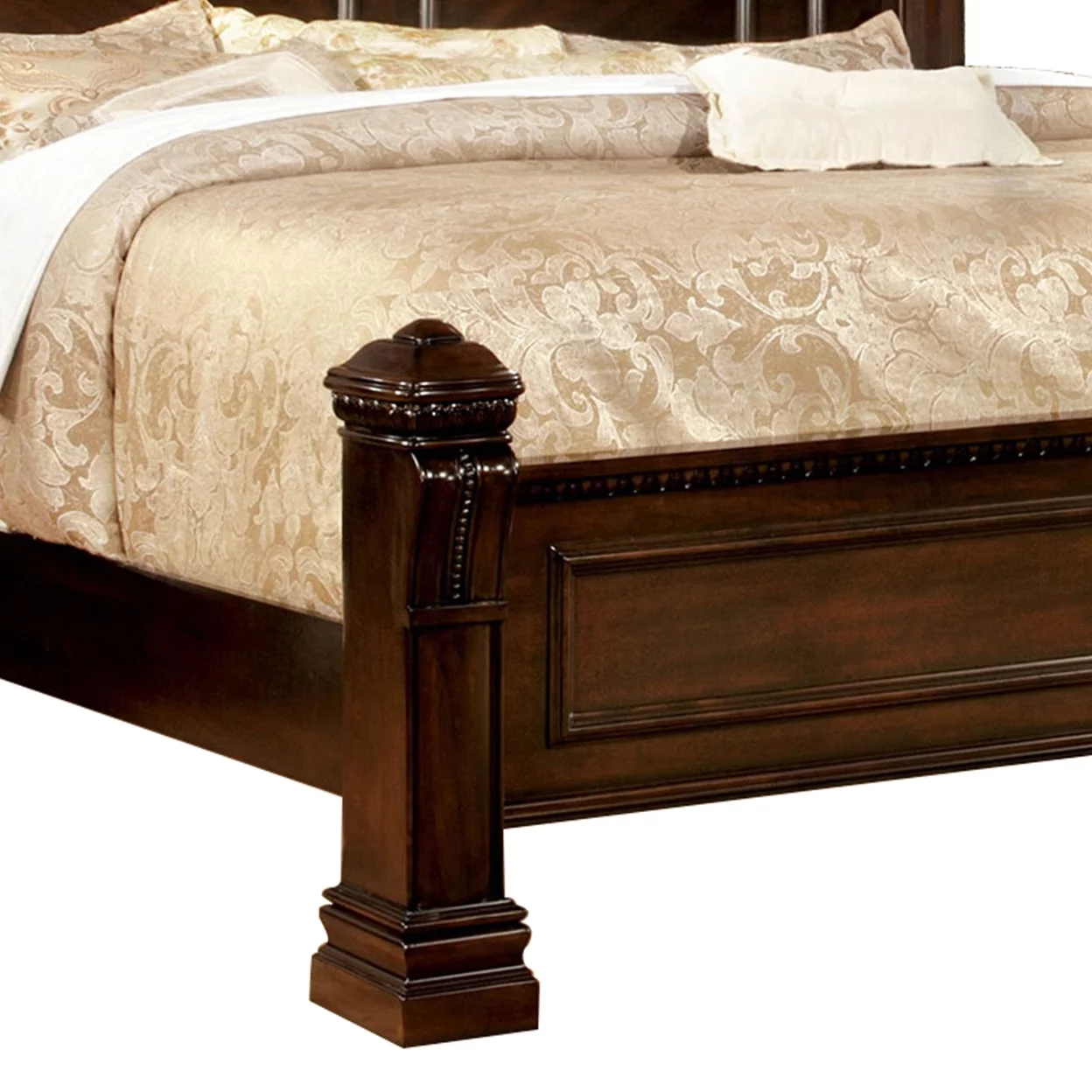 Wooden Queen Size Bed with Intricate Trimmed Headboard, Brown- Saltoro Sherpi