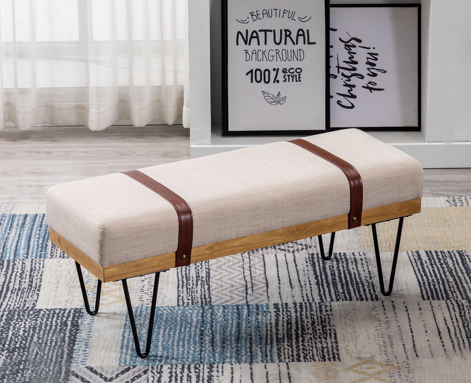 Guyou Modern Linen Rectangle Ottoman Bench with Two Straps and Metal Legs, Upholstered Bed End Bench Entryway Shoe Bench Dining Table Bench Footstool for Bedroom Living Room, Beige