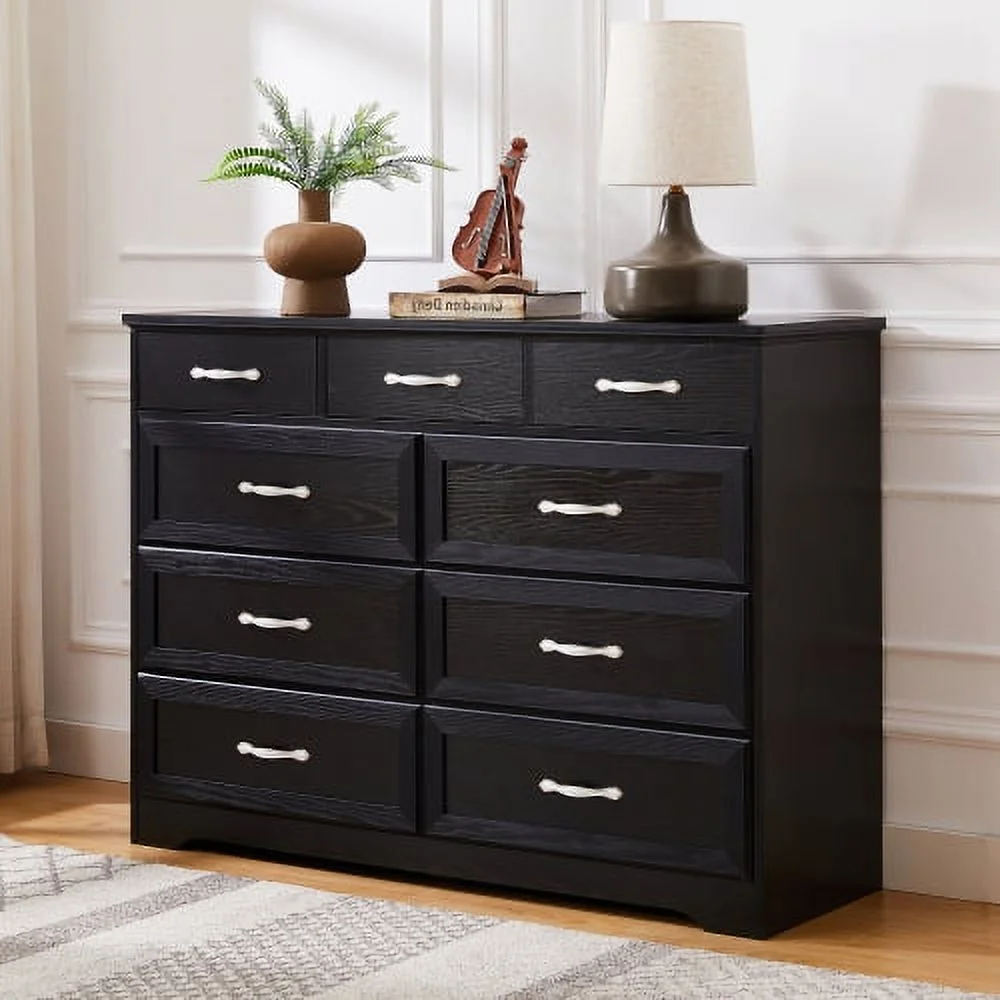 Motent Bedroom dresser, 9 drawer long dresser with antique handles, wood chest of drawers for kids room, living room, entry and hallway, Black, （47.2'' W x 15.8'' D x 34.6'' H）