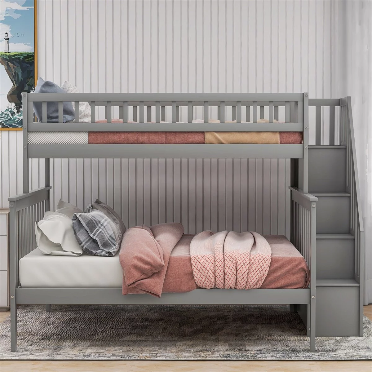 MERAX Twin over Full Wood Bunk Bed with Storage Stairs Grey