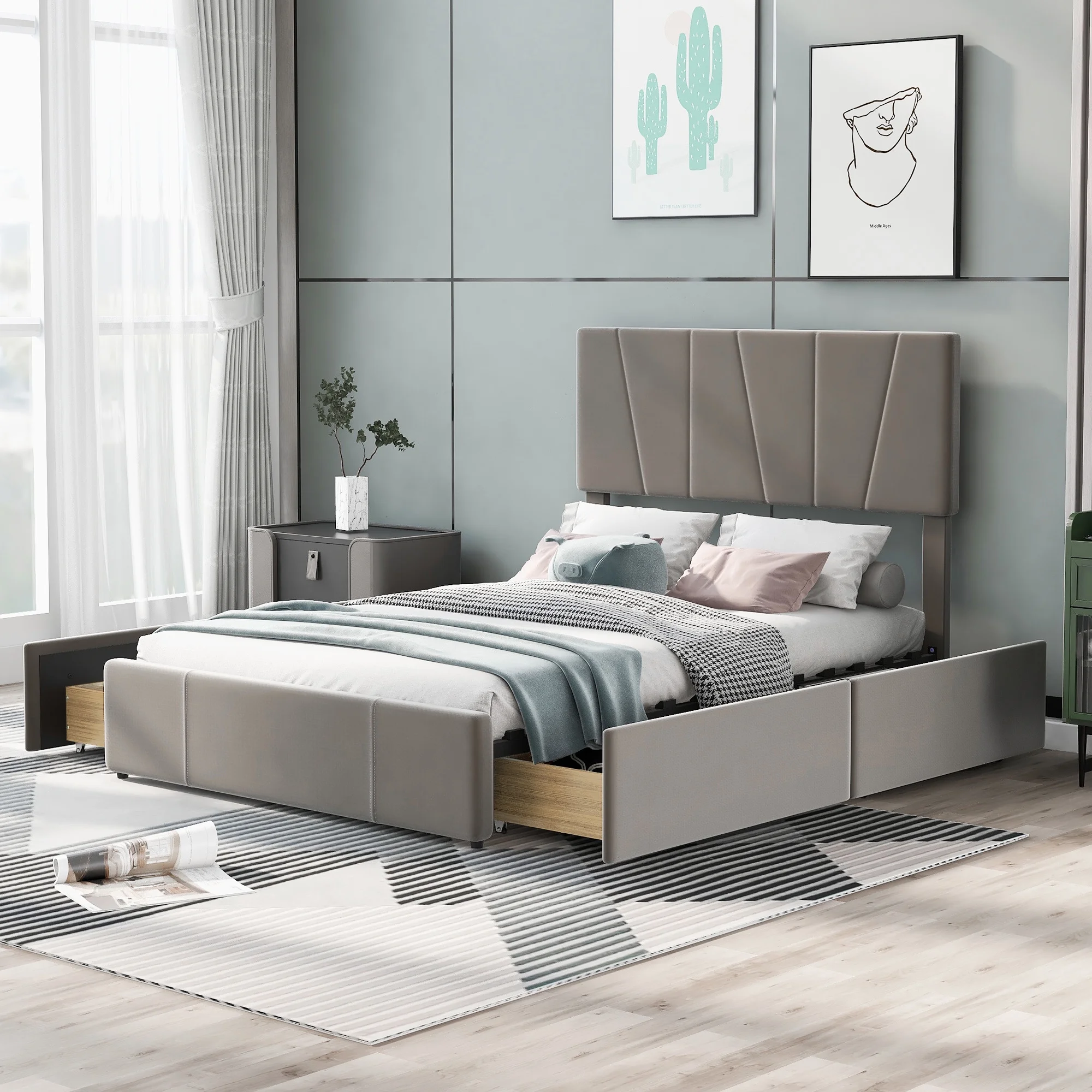 EUROCO Upholstery Full Size Platform Bed with 4 Drawers for Kids Room, Gray