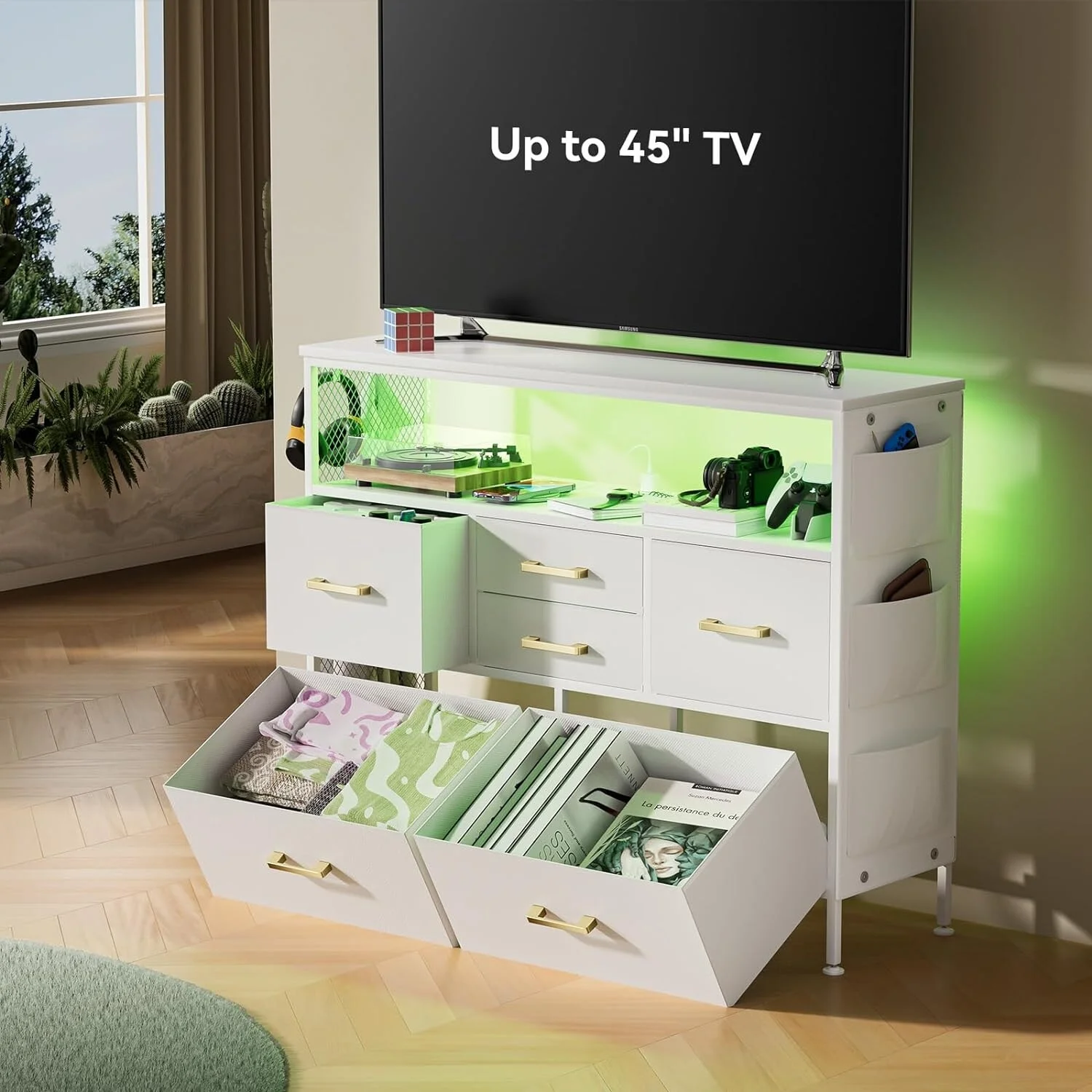 6 Drawers Dresser for Bedroom TV Stand with Power Outlets and LED Light, White
