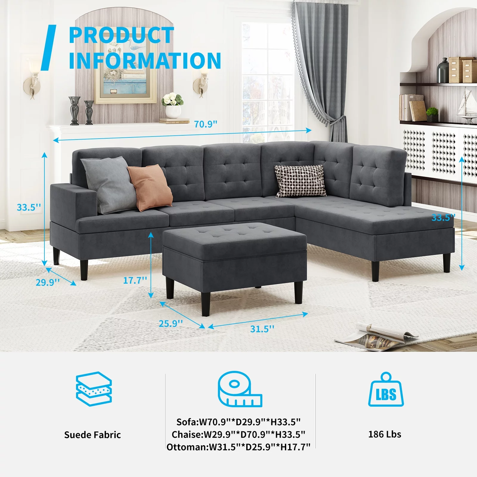 MUZZ Upholstered L-Shape Sectional Sofa,Sleeper Couch with Movable Ottoman for Living Room(Dark Grey)