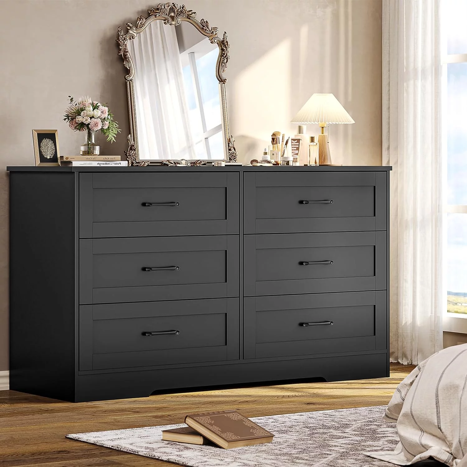 6 Drawer Dresser for Bedroom with Large Desktop, Modern Chest of Drawers Double Dresser Storage Cabinet for Living Room Hallway, Black