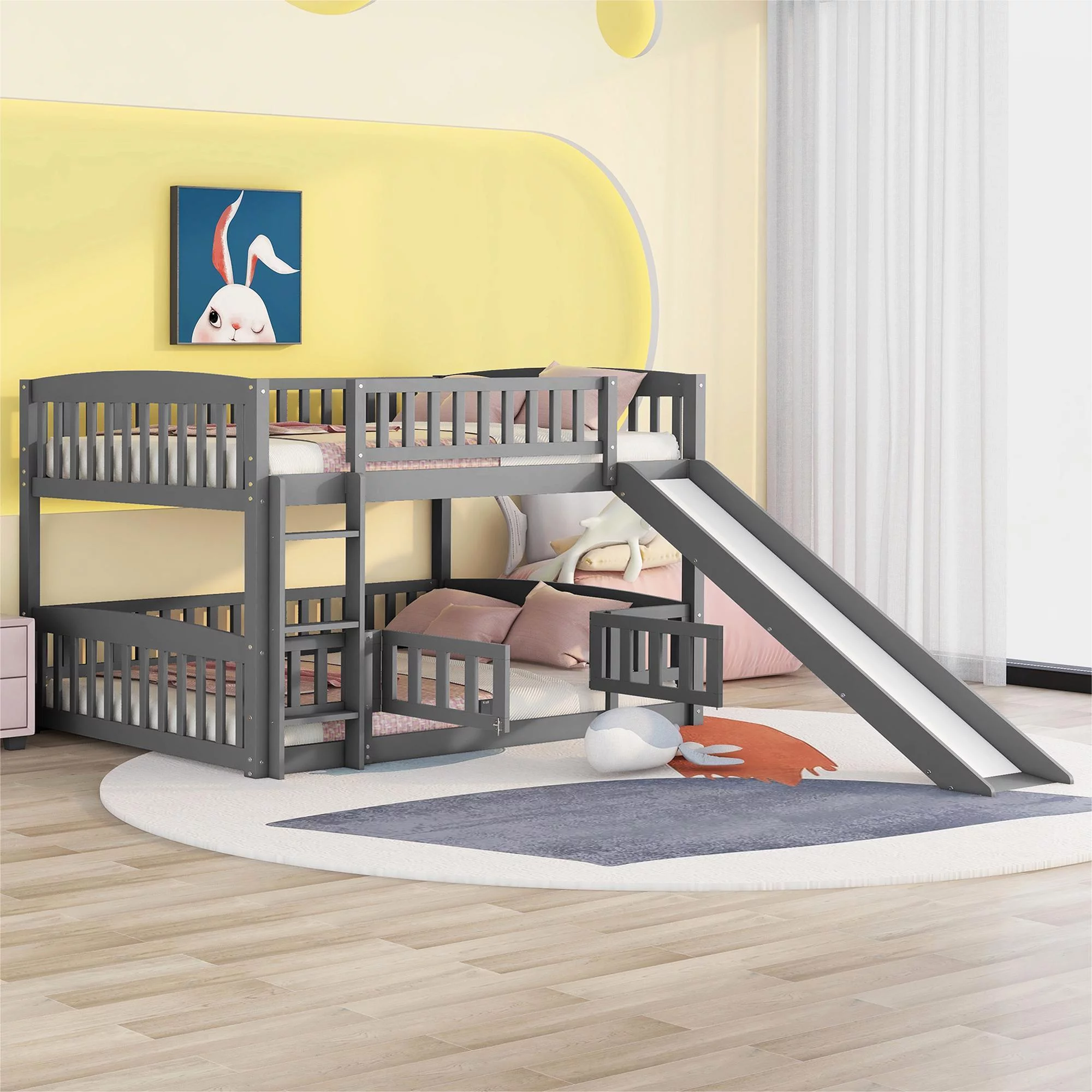 Full Over Full Low Solid Wood Bunk Bed with Fence and Ladder, Reinforced Structure for Toddler Kids Teens, Space-Saving Design(Gray)