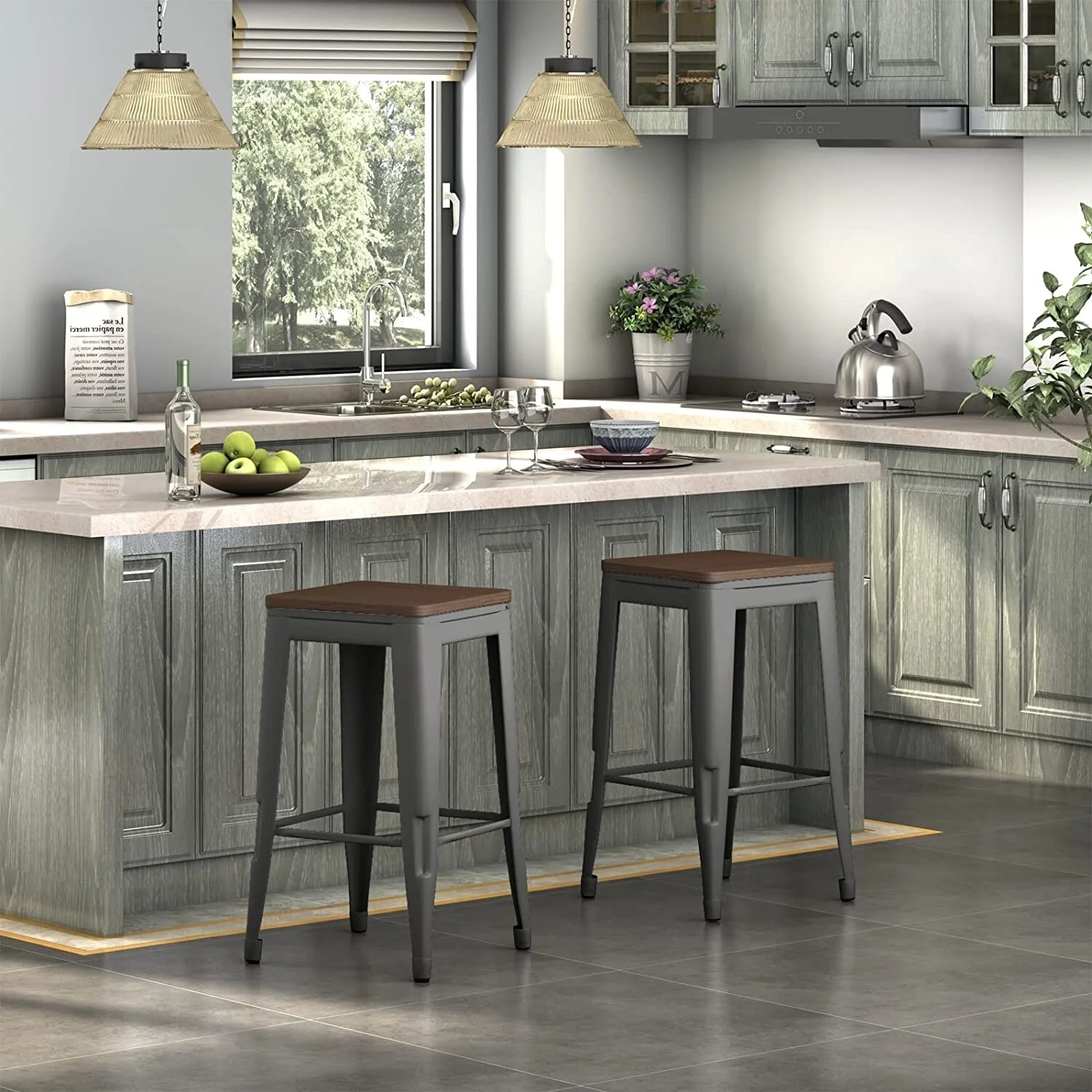 Mixoy Bar Stool 26.4'' Indoor Outdoor Stackable Barstools Modern Industrial Square Metal Top Bar Stools Set of 2 - Grey