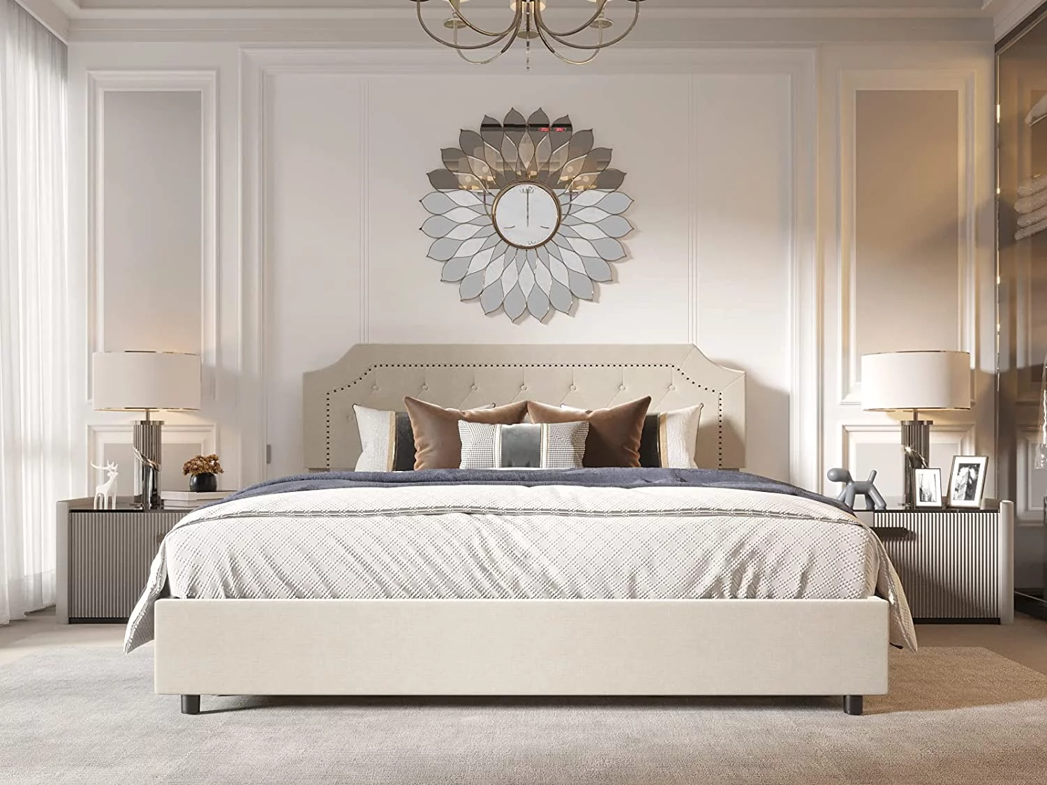 Popular King Size Bed Frame Upholstered Low Profile Traditional Platform With Tufted and Nail Headboard/No Box Spring Needed/No Bed Skirt Needed/Linen Fabric Upholstery/Color of Sand (San