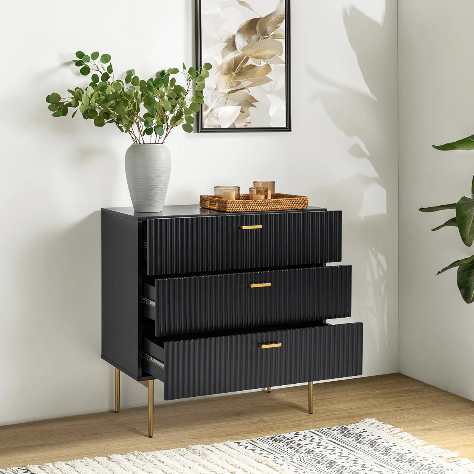 HULALA HOME Gilb Modern 3-Drawer Dresser Nightstand with Metal Legs by  Black