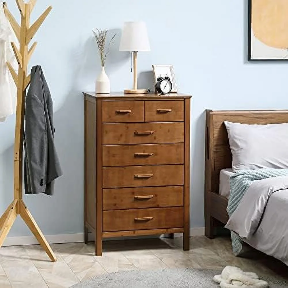 CCBIUOMBO Tall Dresser for Bedroom 7 Drawer Dresser Chest of Drawers with Bamboo Frame Brown