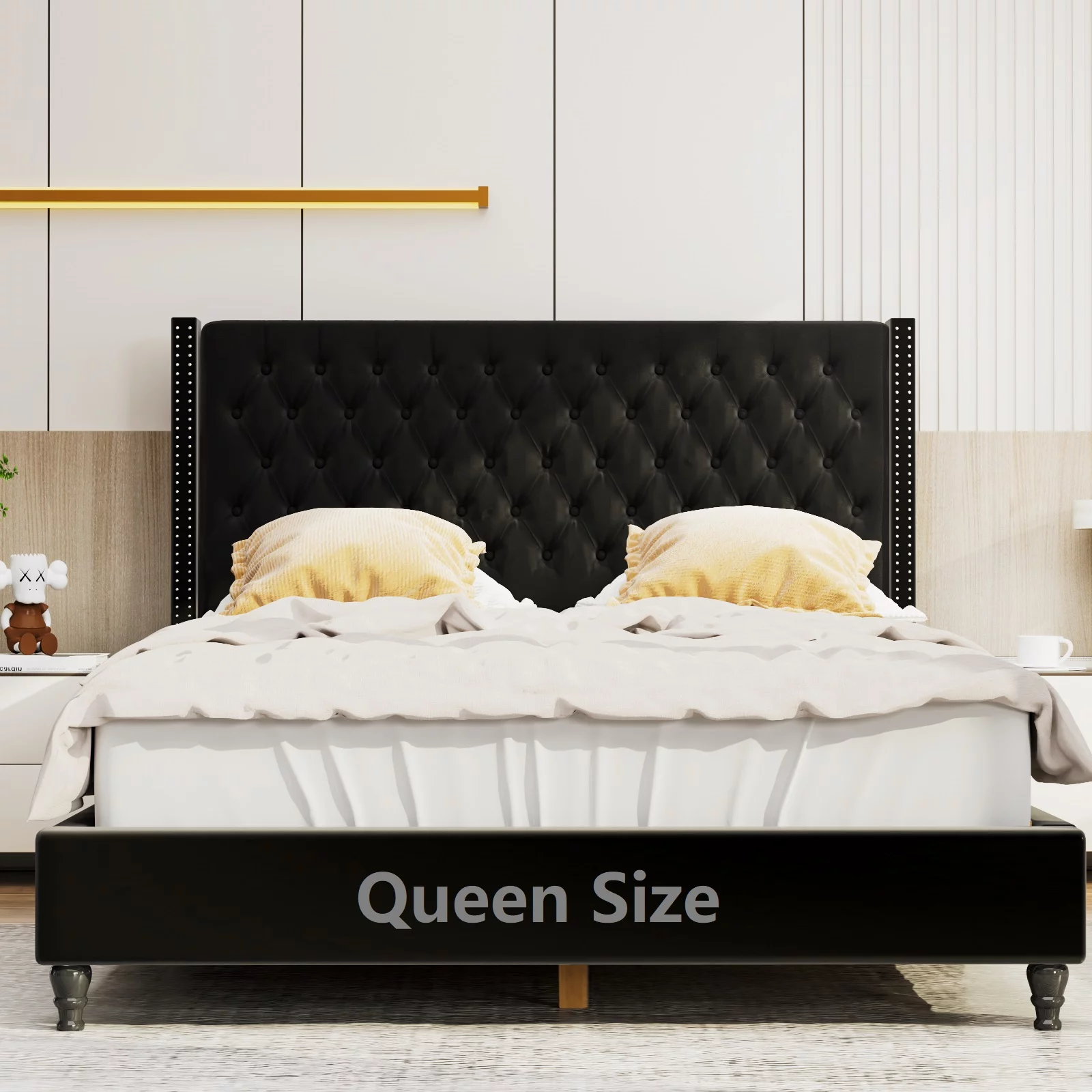 Upholstered Tufted Bed, Platform Bed Frame with Diamond Low Profile Platform Beds Strong Wooden Slats, Queen Size Black