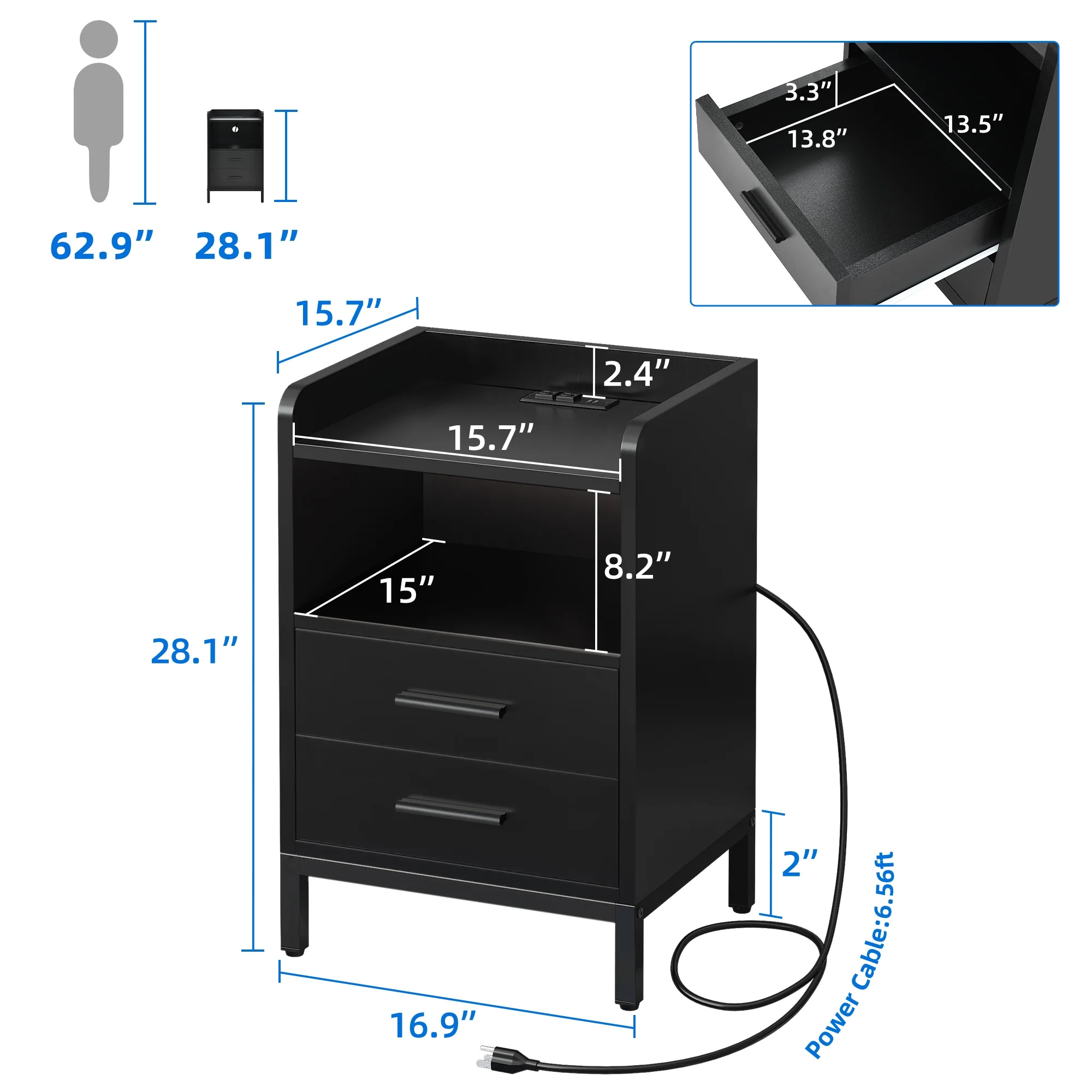 DEXTRUS Black Night Stand with LED Lights and Charging Station, End Bedside Table with 2 Drawers, Open Storage, USB Ports and Outlets for Bedroom Living Room