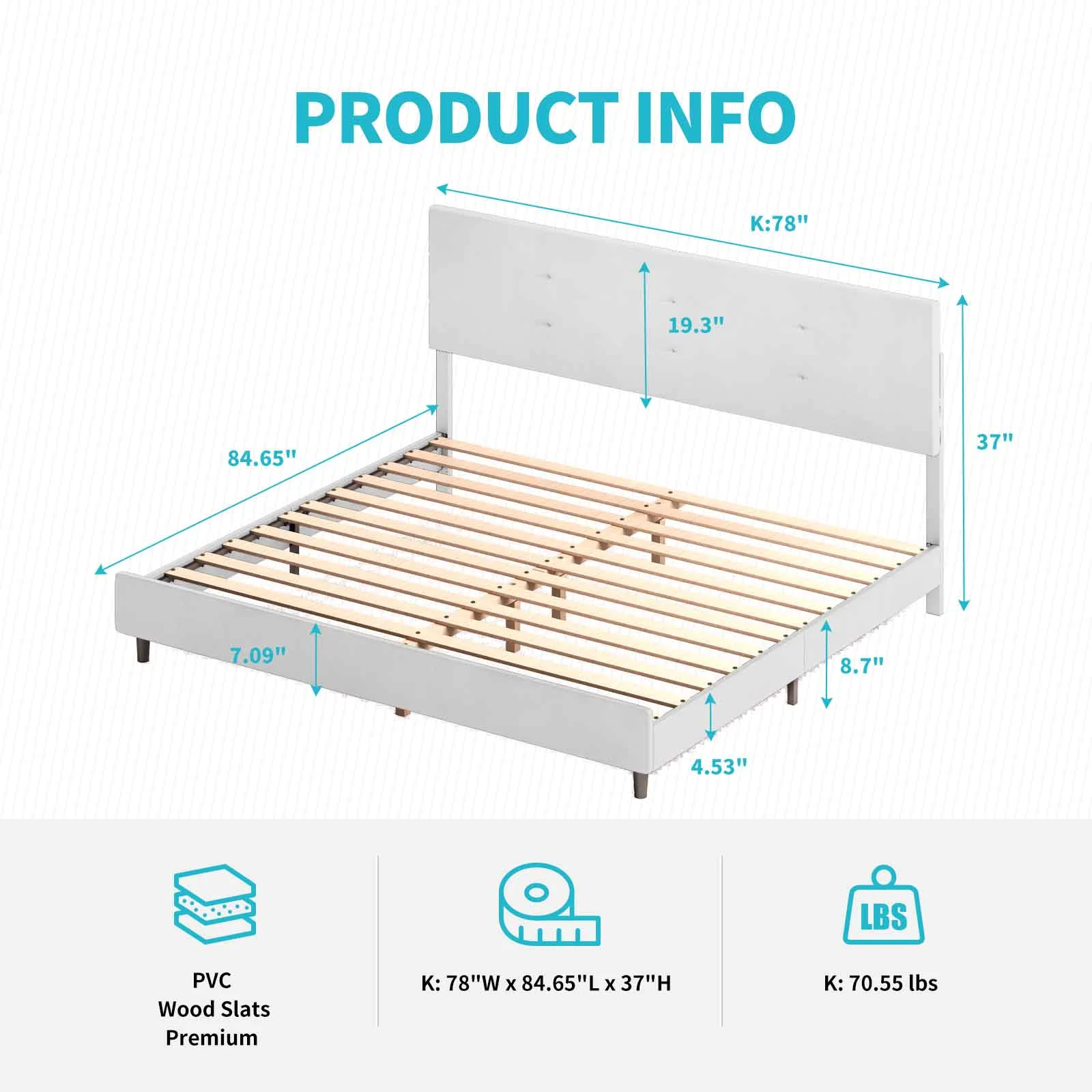 CECER King Size Bed Frame with Smart RGB LED Lights Button Tufted Headboard PVC Fabric Upholstered Platform No Box Spring Needed-White