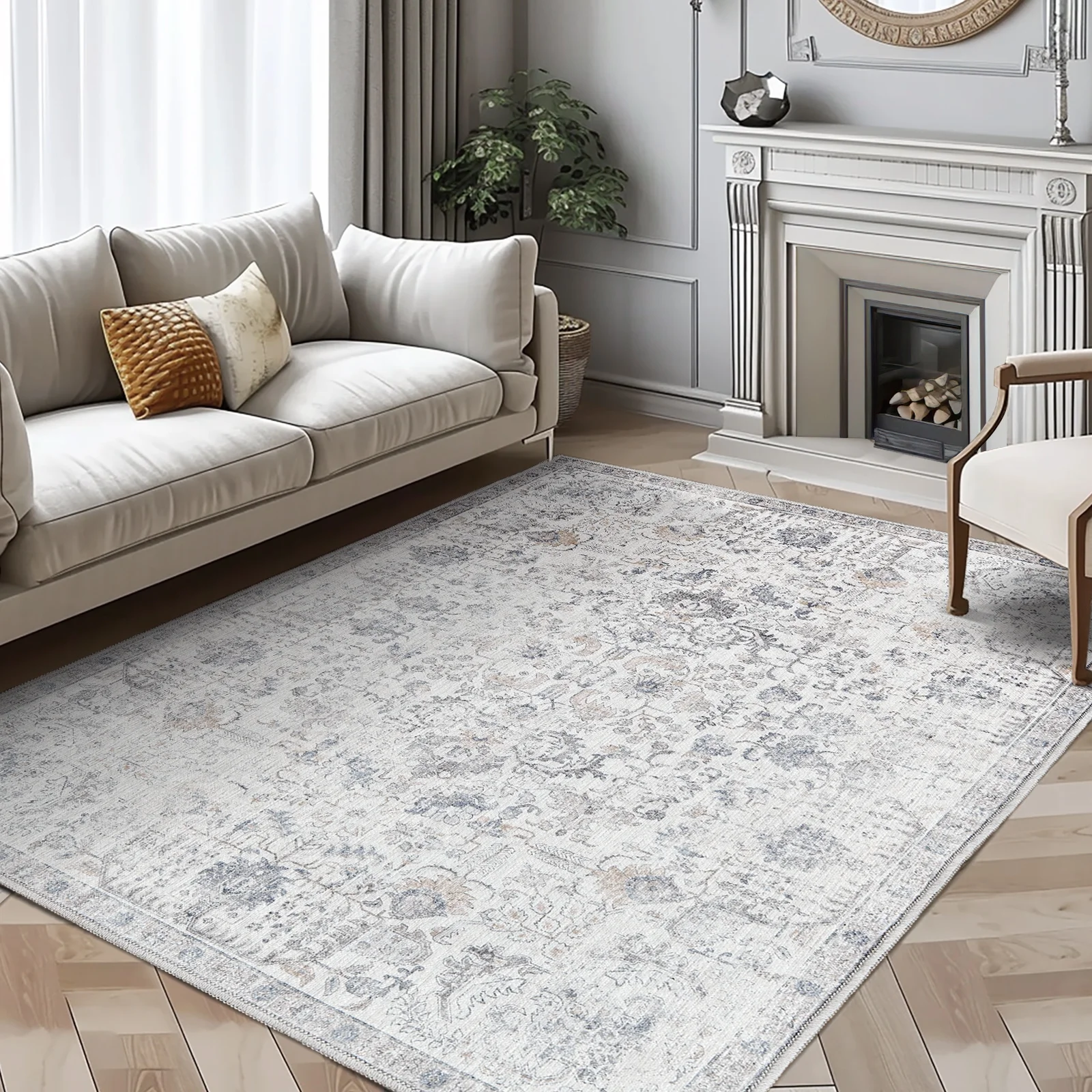 RUGKING Area Rug 8x10 Gray Multi Vintage Rug Flodable Thin Rug Retro Distressed Carpet Floral Print Boho Rug for Kitchen Bedroom Living Room Dining Room