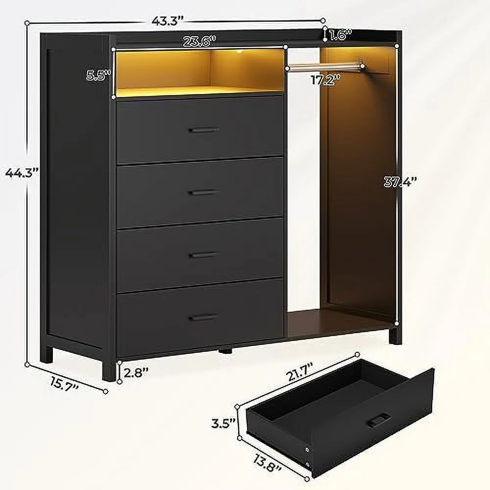 RUNFAYBIU Dresser for Bedroom with Clothes Rail Chest of 4 Drawers with LED Lights Modern Black Dresser with Open Space for Bedroom Entryway Large Capacity