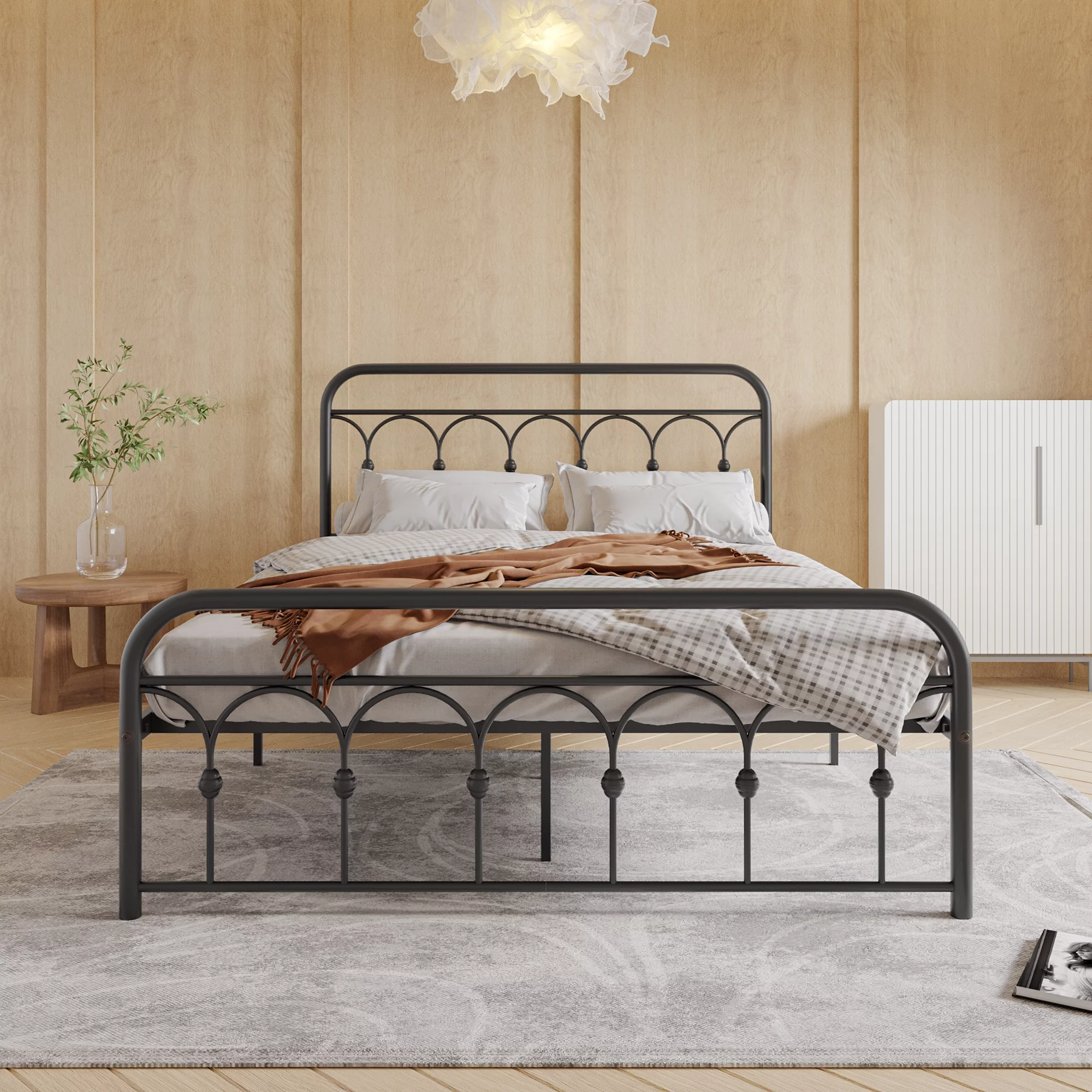 Queen Size Bed Frame, SESSLIFE Antique Queen Platform Bed Frame with Headboard and Footboard, Victorian Style Metal Platform Bed Frame with Slats Support, Black Bed Frame for Bedroom