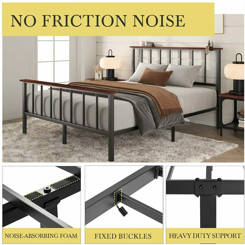 Full Size Metal Platform Bed Frame with Headboard Shelf, Black