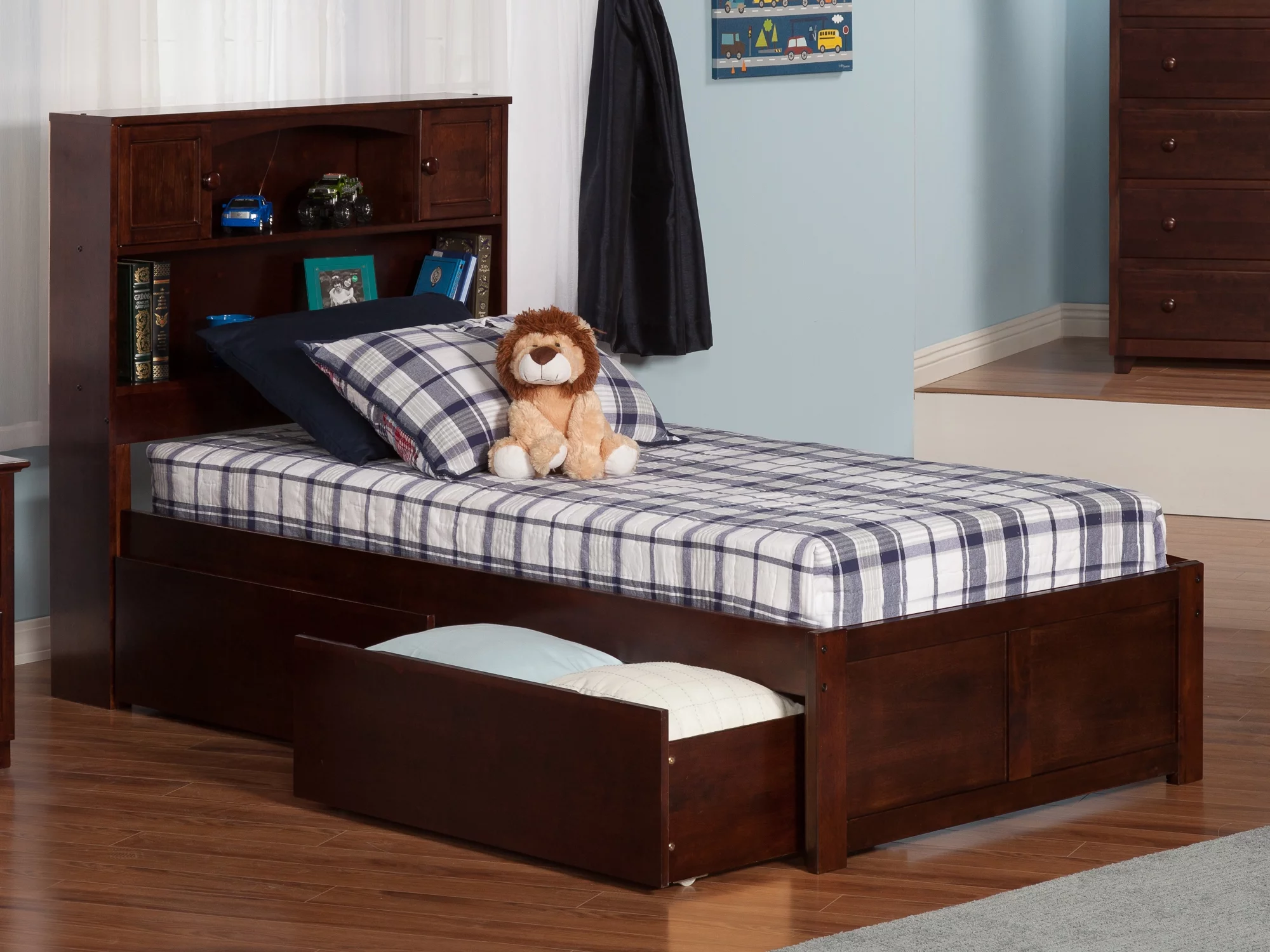 AFI Newport Twin Solid Wood Platform Bed with Footboard & 2 Storage Drawers in Walnut