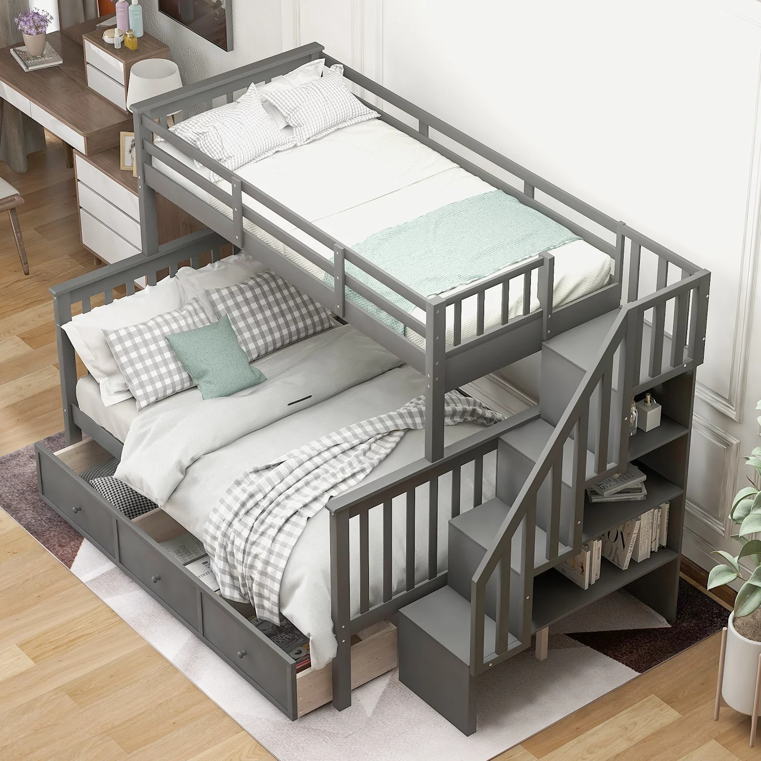 Dcenta Stairway Twin-Over-Full Bunk Bed with Drawer, Storage and Guard Rail for Bedroom, Dorm, for Adults, Gray color