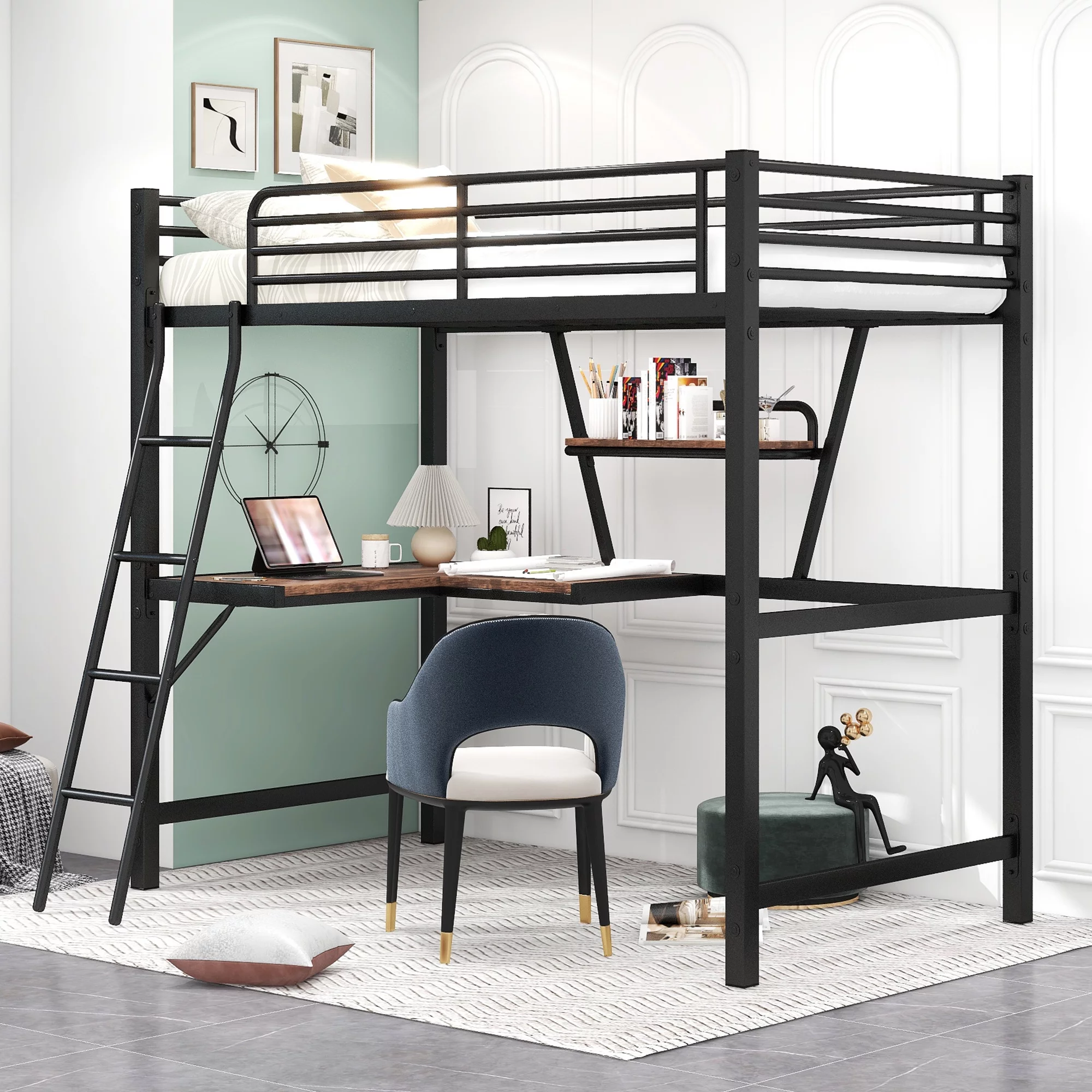 uhomepro Twin Size Loft Bed Frame with Metal Frame, MDF Desktop Desk and Shelf for Kids Youth, No Box Spring Needed, Black