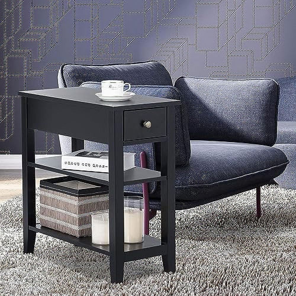 Narrow End Table Set of 2 Slim Side Table with Drawer & 2 Open Shelves Small Nightstand for Small Space Living Room Bedroom Office (Black Set of 2)
