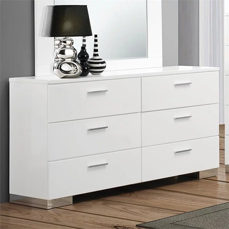 Kingfisher Lane 6-Drawer Contemporary Wood Dresser with Chrome Legs in White