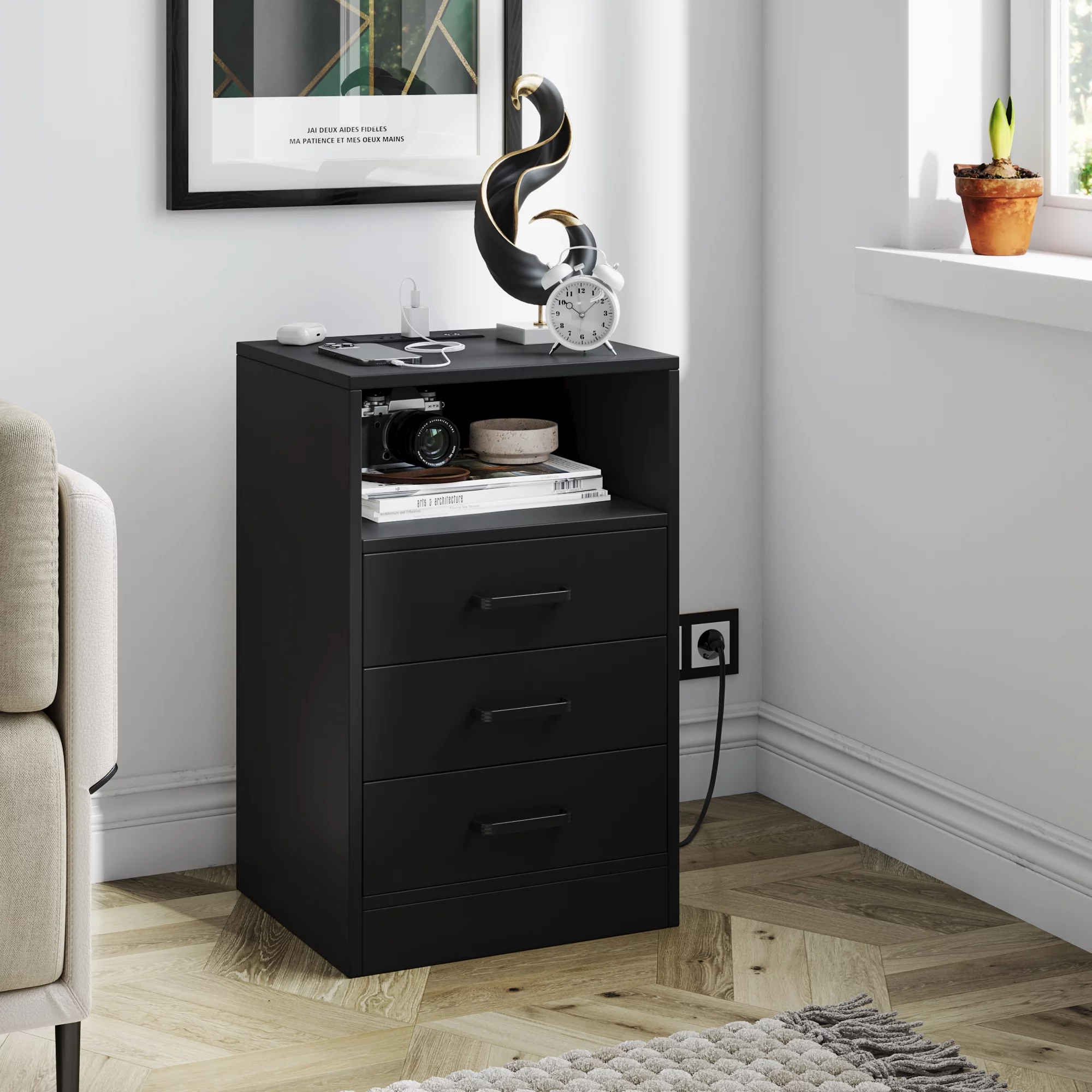Homfa LED 3 Drawer Black Nightstand with Charging Station, Sofa Side Table with USB Ports & Power Outlets for Bedroom