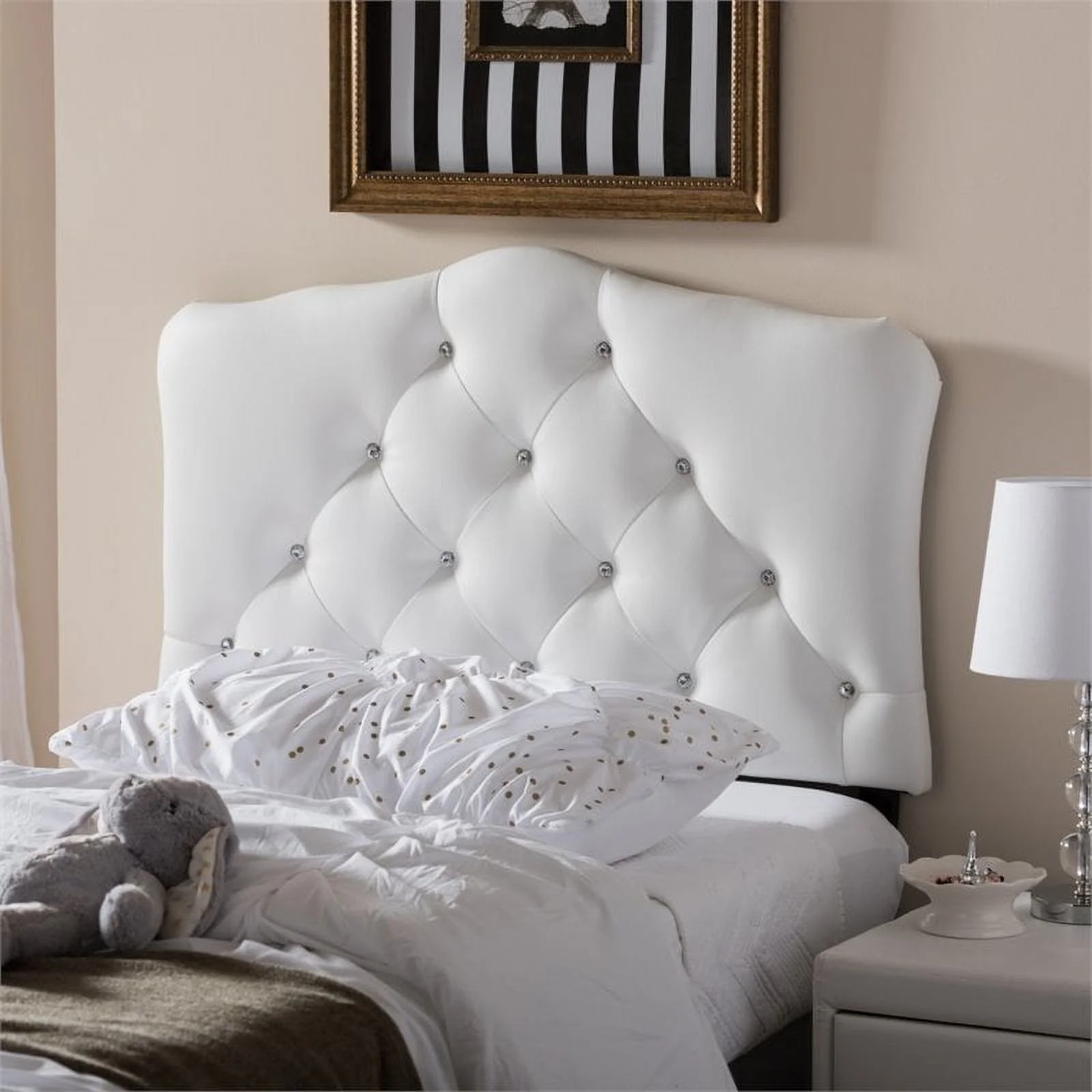Bowery Hill Faux Leather Upholstered Twin Headboard w/ Crystal Buttons in White