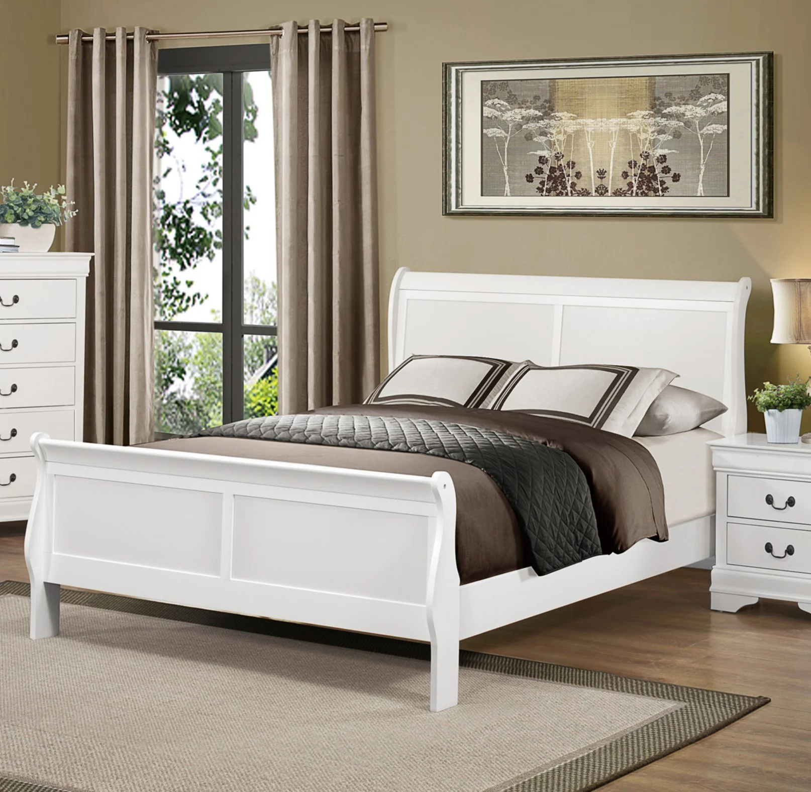 Contemporary Louis Phillippe Bedroom Furniture 1pc White Color Queen Size Sleigh Bed