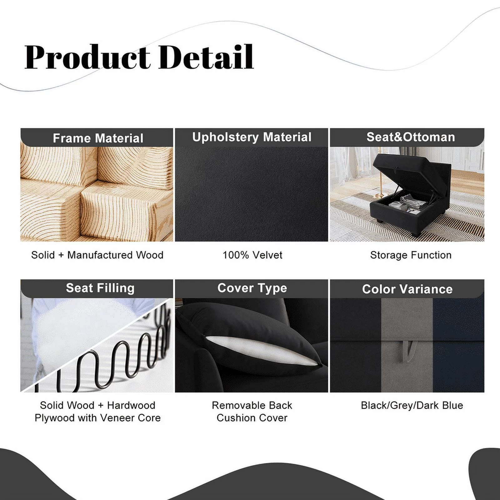 HONBAY Modern Upholstered Sofa Couch Bed with Movable Storage Ottoman for Apartment, Black