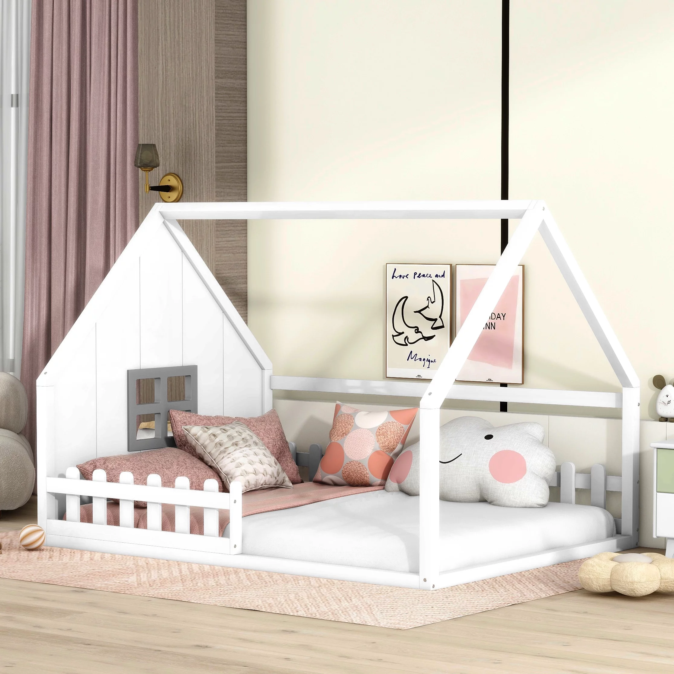 Bellemave Full Size House Bed with Fence, Wooden Montessori Floor Bed with Window for Toddler Kids Boys Girls, No Box Spring Required (White)