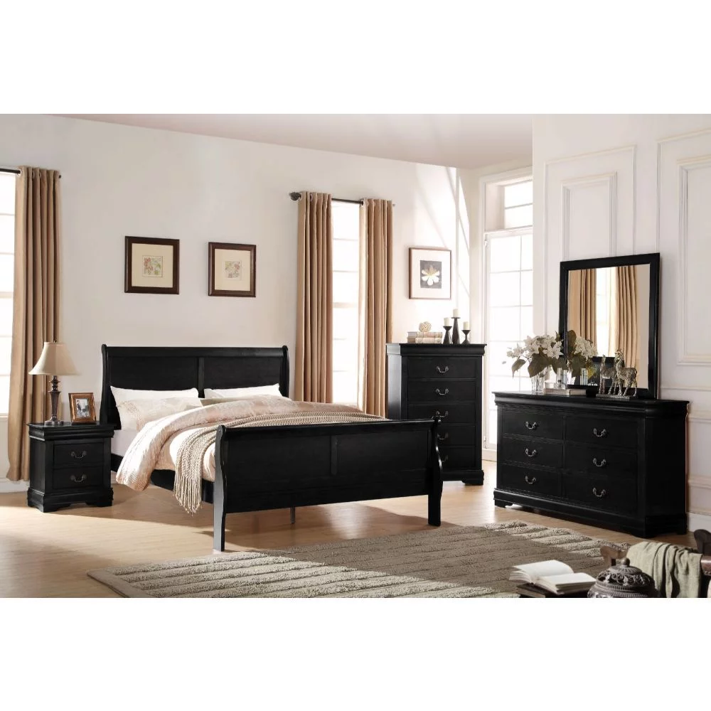 Contemporary Louis Phillippe Bedroom Furniture 3pc Set Black Color Full Size Bed