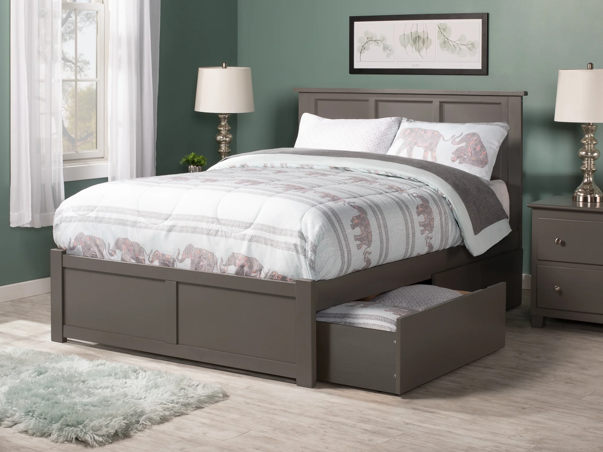 AFI Madison Queen Solid Wood Platform Bed with Footboard & 2 Storage Drawers in Grey
