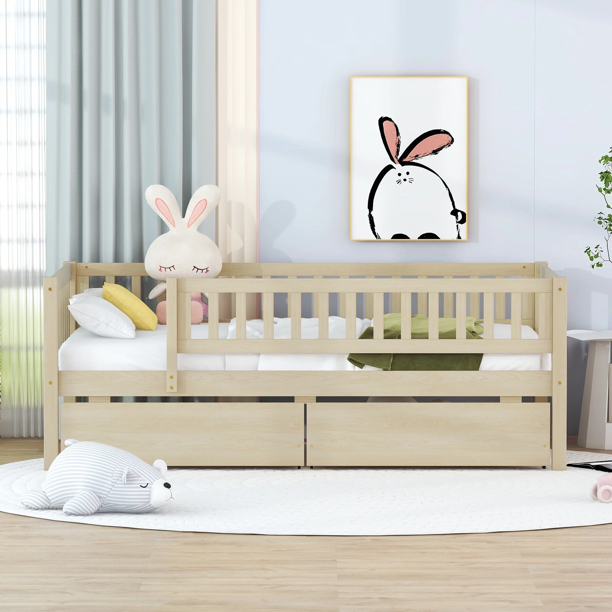 Sesslife Twin Size Daybed Wood Bed with 2 Drawers, Twin Bed for Boys and Girls, No Box Spring Needed(Natural)