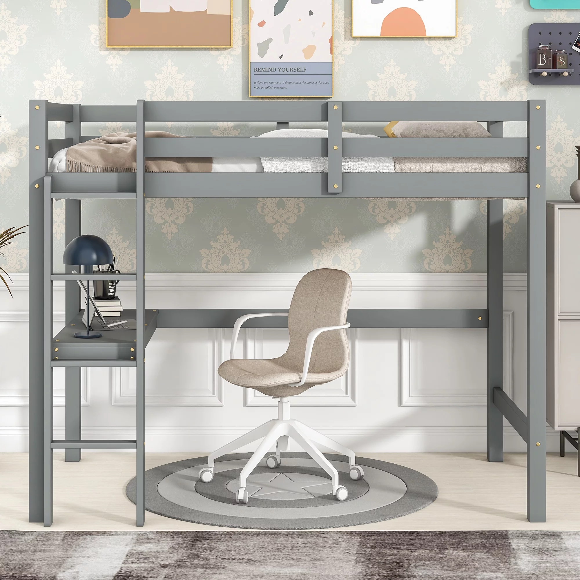 Gewnee Pine Wood Twin Size Loft Bed with Built-in Desk and Guardrail for Kids Room,Gray