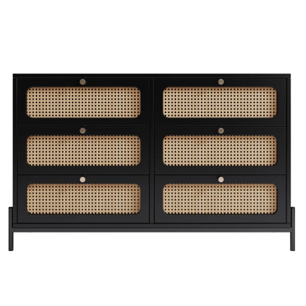 Modern Cannage Rattan Wood Closet 6-Drawer Dresser Wood Storage Cabinet Sideboard - Black
