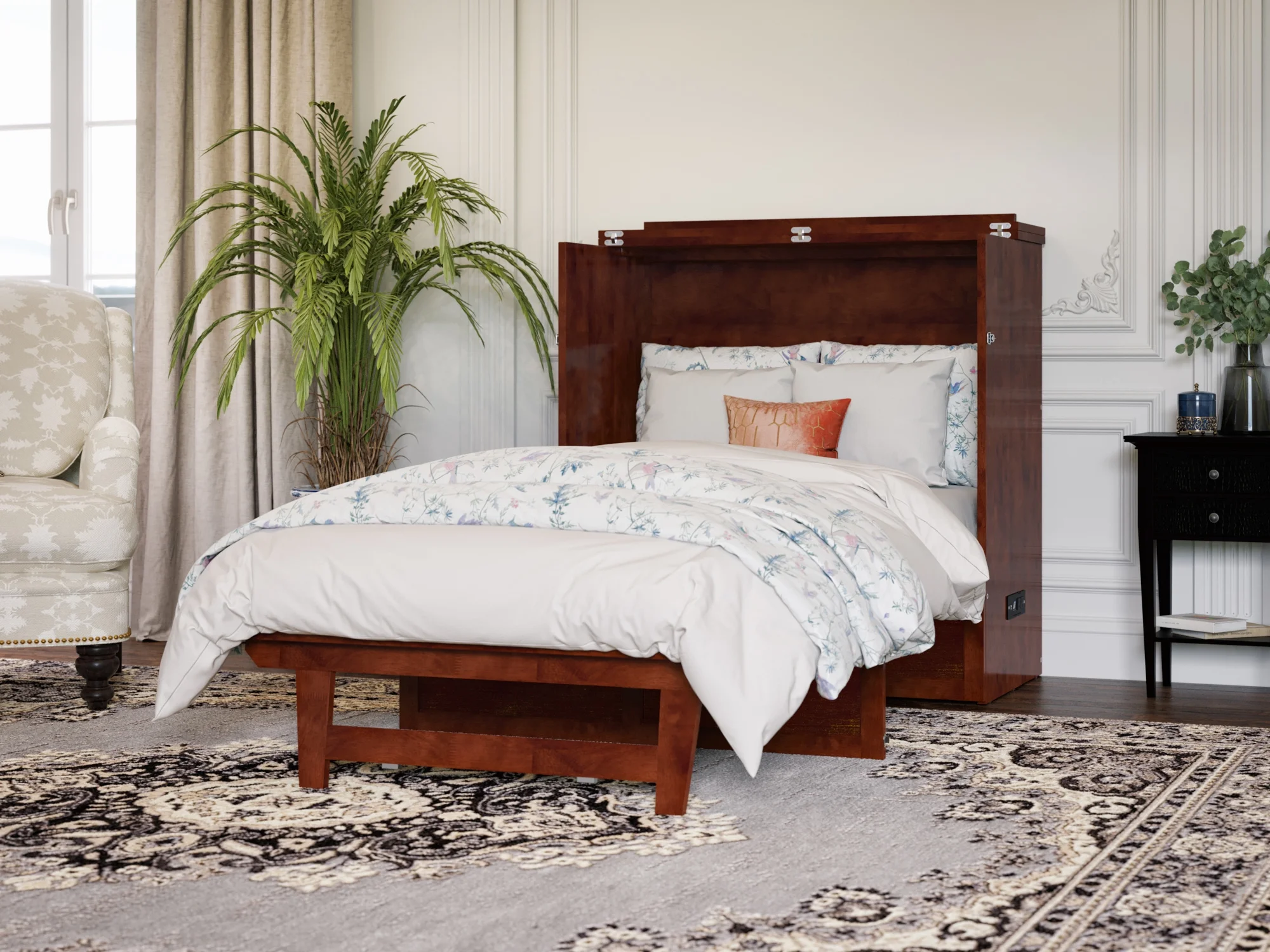 AFI Northfield Twin XL Solid Wood Murphy Bed Chest with Mattress, Drawer & Charger, Walnut