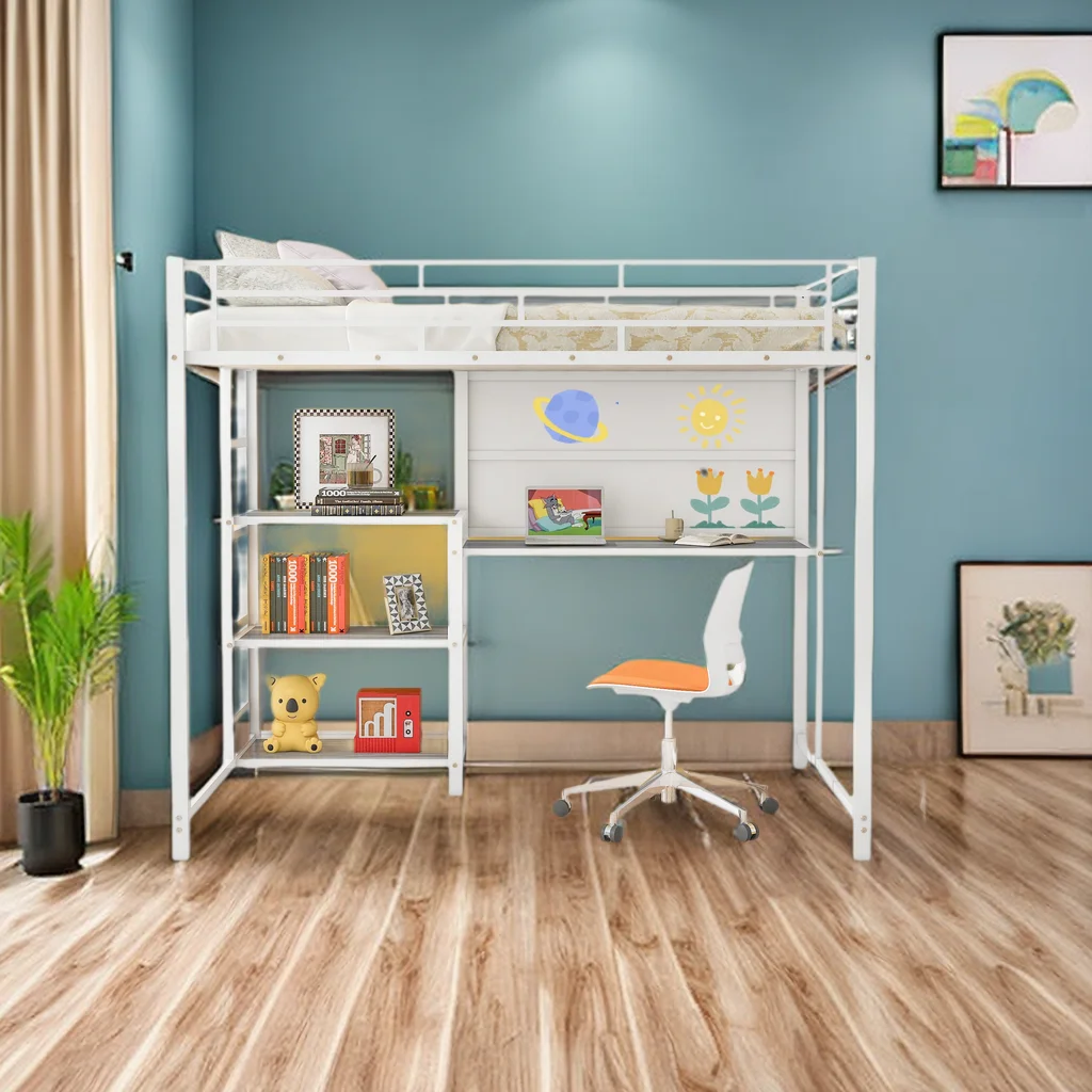 Full Size Loft Bed with Desk and Whiteboard,Mental Loft Bed with 3 Shelves and Ladder loft Bed with Desk Metal loft Bed with Desk