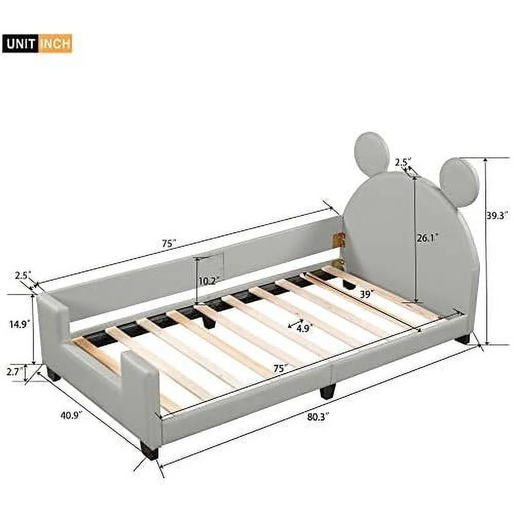 Size Upholstered Daybed With Mouse Carton Ears Shaped Headboard, Wooden Daybed Frame For Bedroom Living Room(Grey)