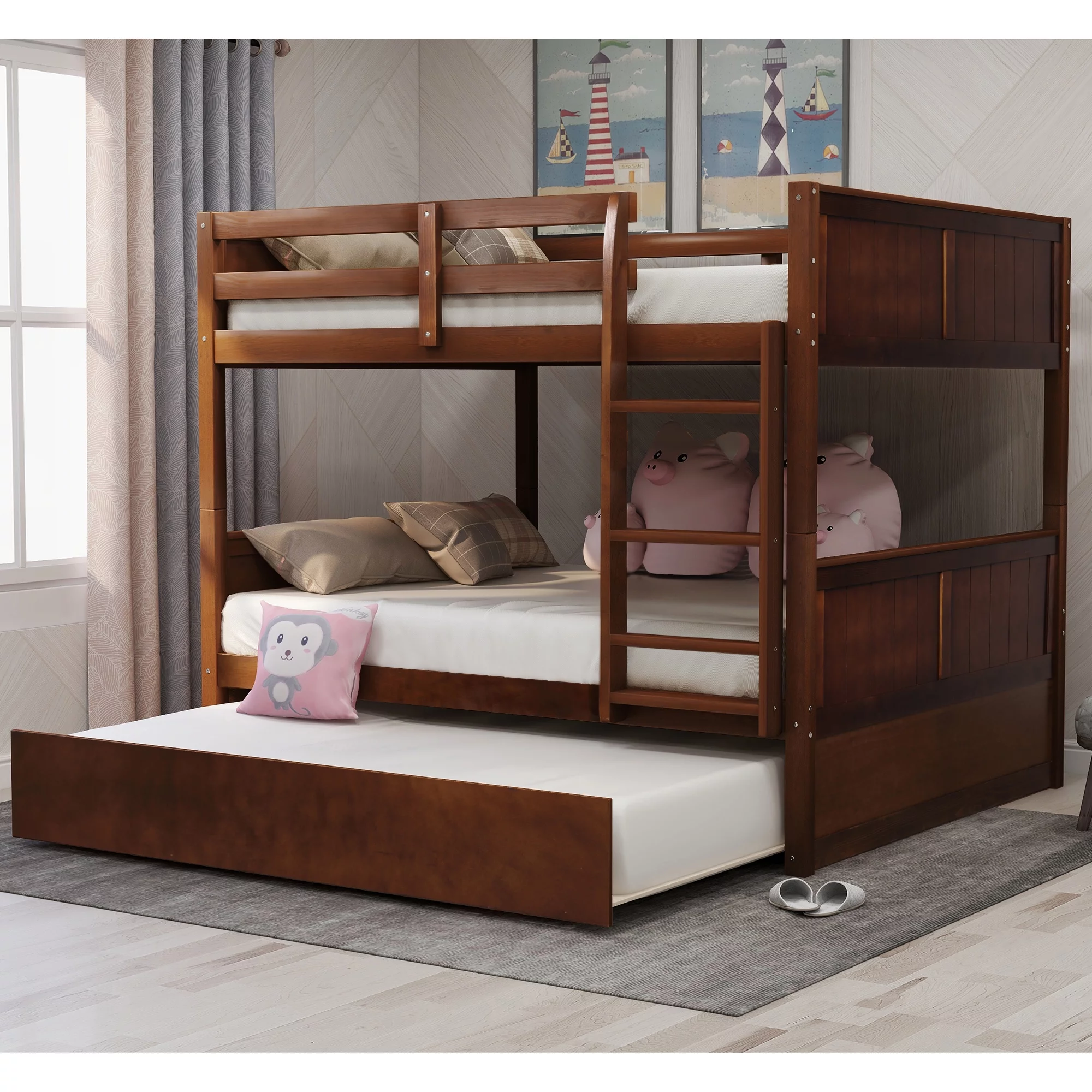 Solid Wood Full-Over-Full Bunk Bed with Twin Size Trundle, Reinforced Structure for Toddler Teens, Separable Bunk Bed with Trundle for Bedroom(Walnut)
