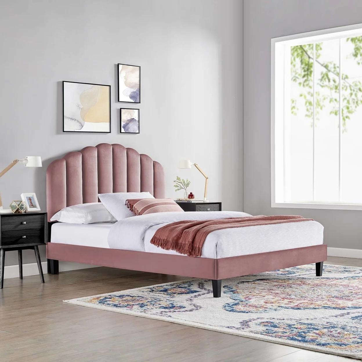 Modway Daisy Modern Performance Velvet Full Platform Bed in Dusty Rose Pink