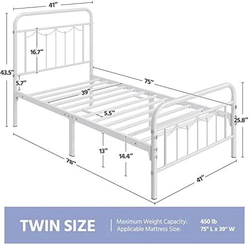 HBBOOMLIFE 2 Pcs Twin Size Metal Bed Frame with Vintage Headboard and Footboard  Farmhouse Platform Bed  Heavy Duty Steel Slat Support  13 Inch Under-Bed   No Noise  No Box Spring Needed