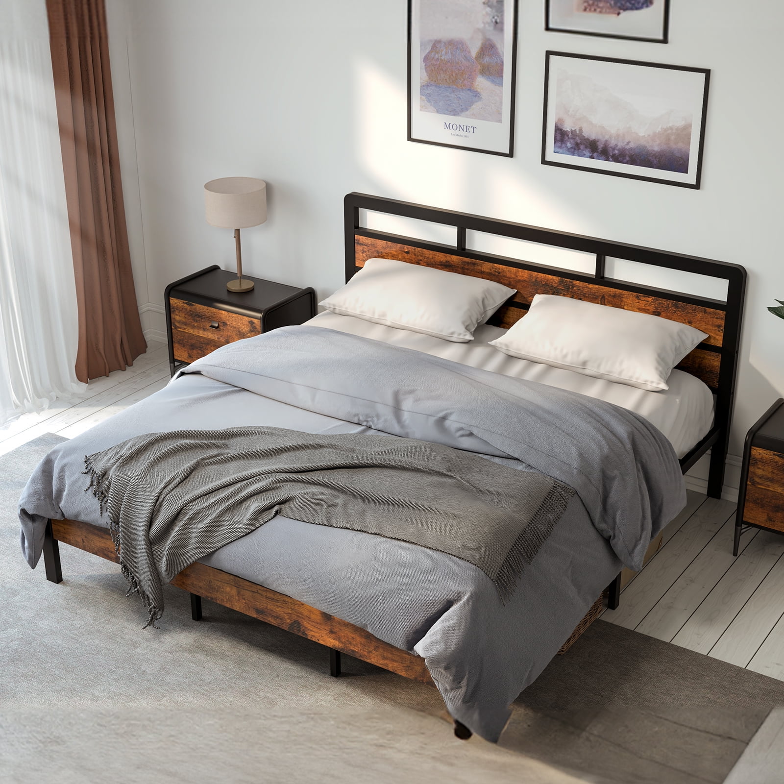 Brown Queen Size Metal Platform Bed Frame with Headboard & Footboard and Large Under Bed Storage